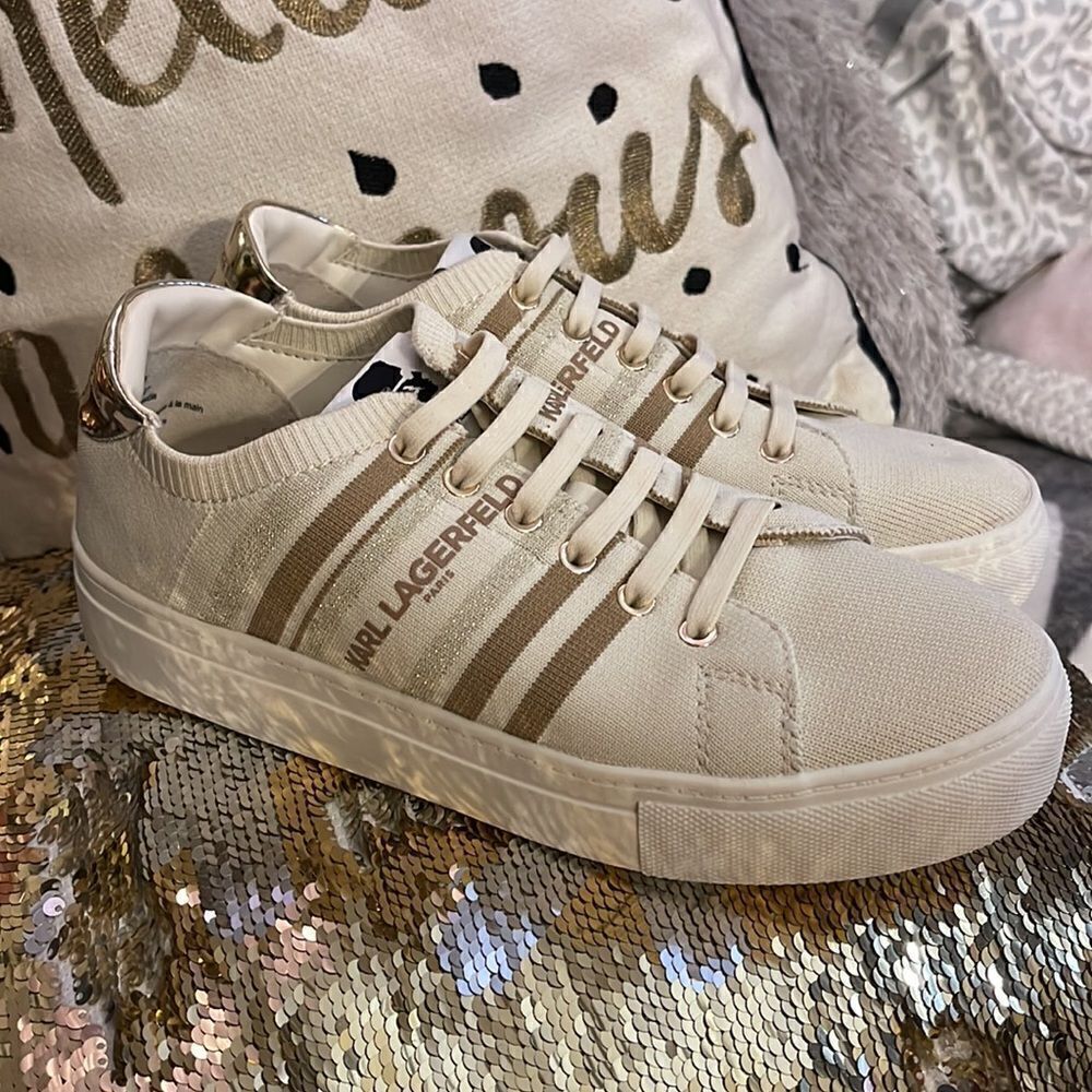 Karl lagerfield cyrilla white tan ecru knit sneakers 7m - Picture 3 of 8
